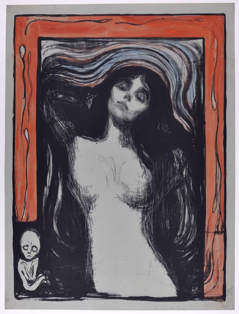 Edvard Munch, Madonna, 1895-1902, litografia kolorowana akwarelą, 593 × 441 mm, Gabinet Rycin BUW, kolekcja Henryka Grohmana