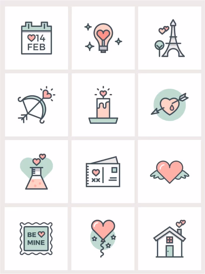 Valentine’s Day Flat Line Icons