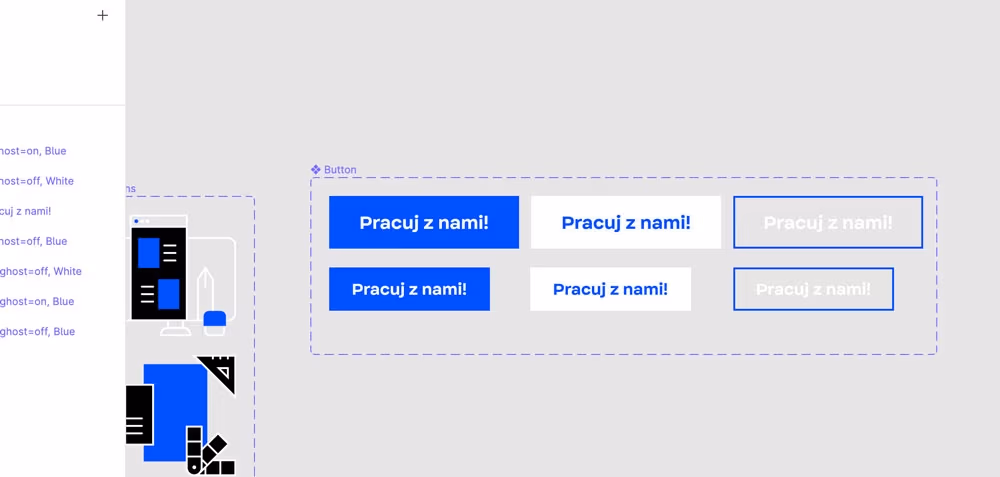 Różne wersje przycisków jako komponenty w Figmie