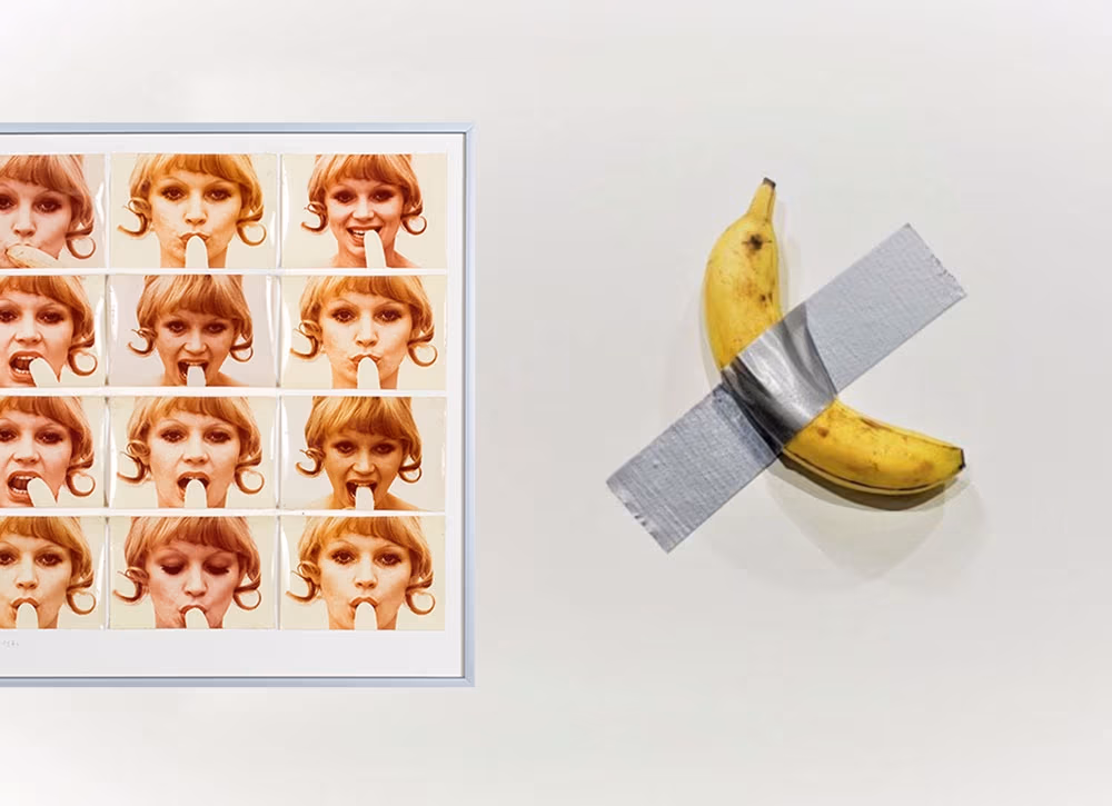 Natalia LL, Sztuka konsumpcyjna, 1974 Maurizio Cattelan, Comedian, 2019