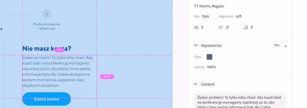 Informacje na zaznaczenia Adobe XD