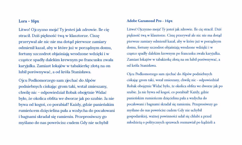 Zobaczcie jak wizualnie różnią się fonty Lora i Adobe Garamond napisane tym samym stopniem pisma