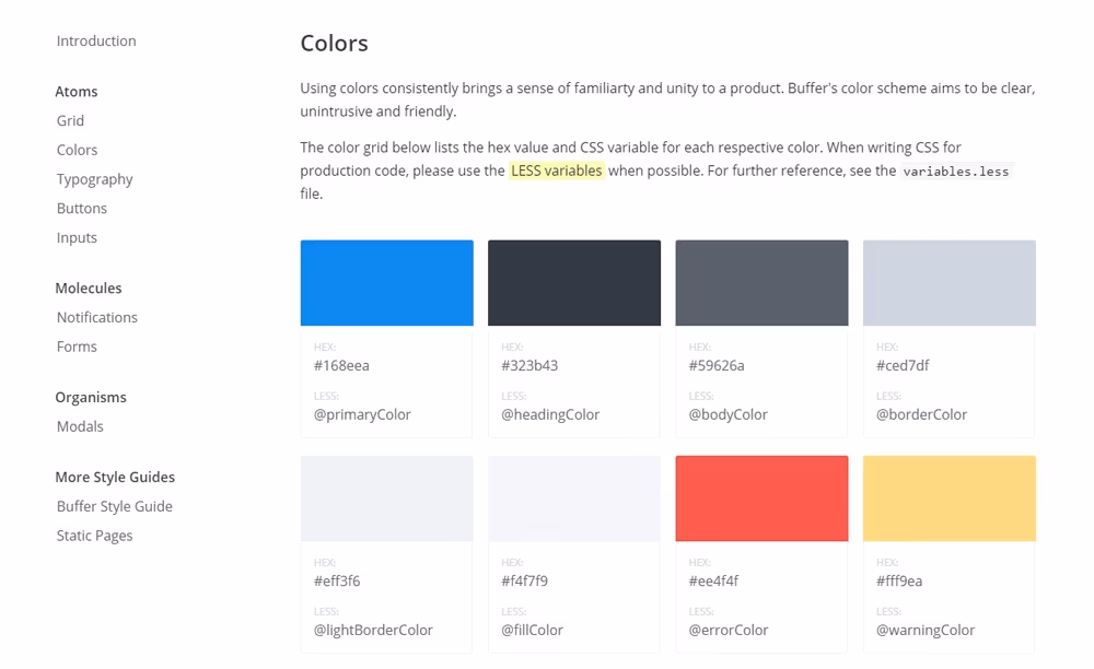 Style guide od Buffer stworzony z wykorzystaniem atomic design