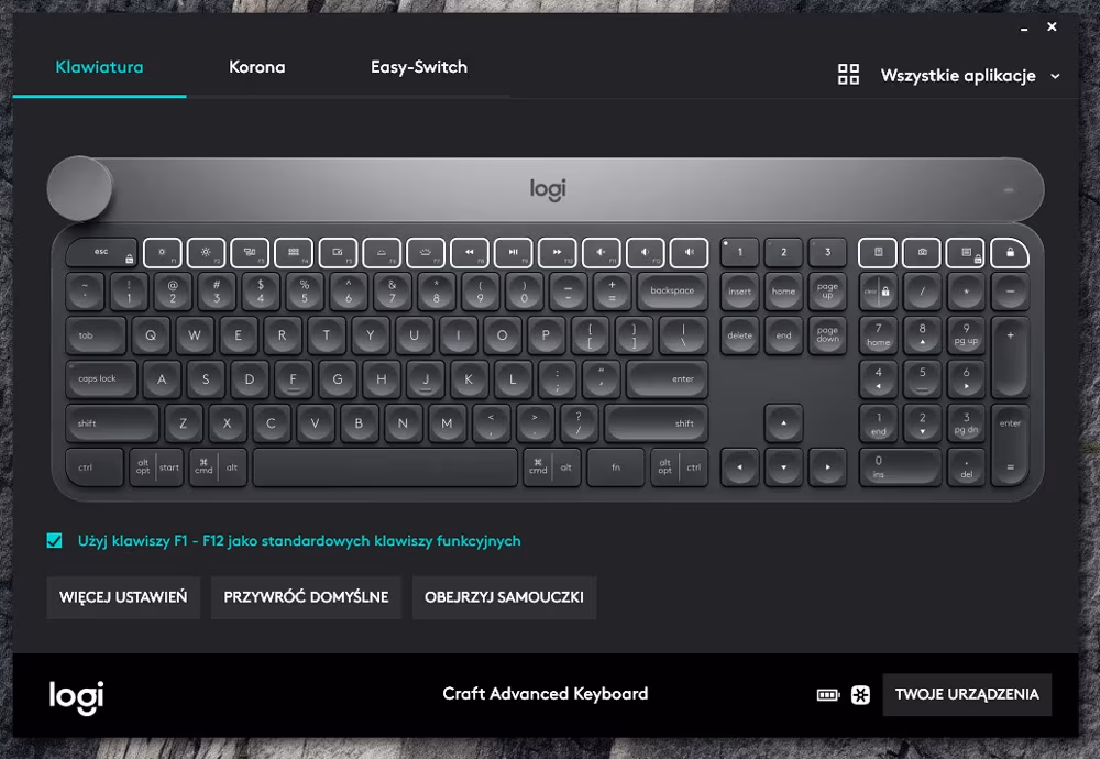 Widok opcji i ustawień w klawiaturze Logitech Craft