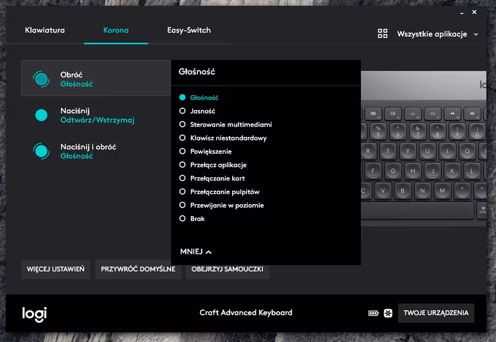 Zmiana ustawień korony - klawiatura Logitech Craft