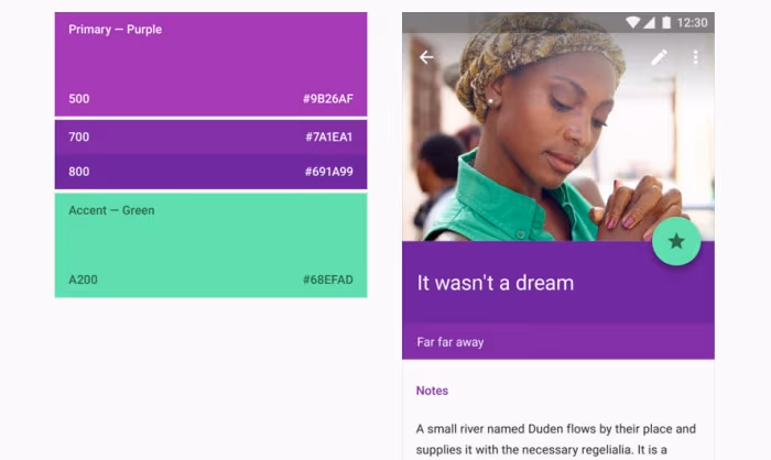 Przykład wykorzystania palet material design w projektowaniu aplikacji. Kolor podstawowy posłużył do stworzenia dwóch kolorów dodatkowych wykorzystanych w aplikacji. Na nim zastosowano akcent w kolorze dodatkowym, https://www.google.com/design/spec/style/color.html#color-color-schemes