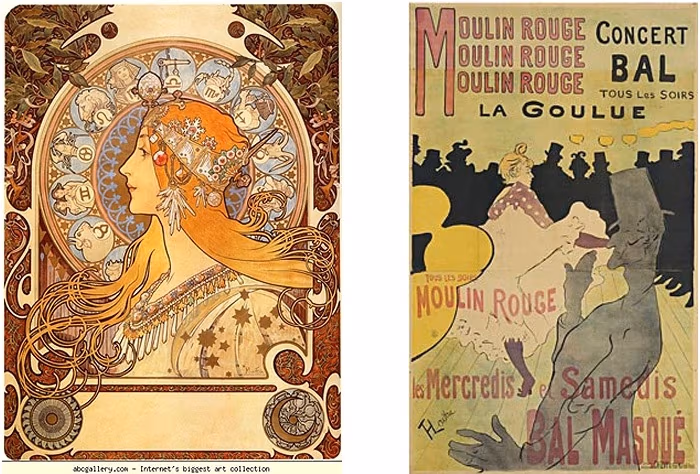 Alphonse Mucha, Zodiac, 1896 oraz Henri de Toulouse-Lautrec, Moulin Rouge: La Goulue, 1891 (pierwsza litografia Lautreca)