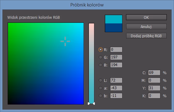 Próbnik kolorów programu Adobe Indesign CC 2014