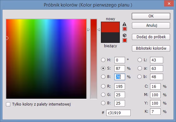 Próbnik kolorów programu Photoshop z wybraną opcją nasycenia w modelu HSB