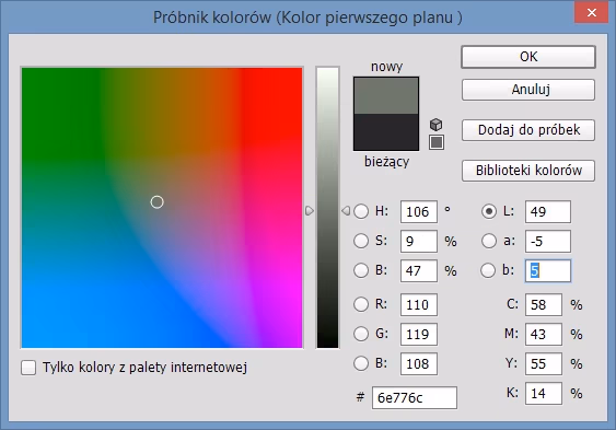 Próbnik kolorów programu Adobe Photoshop dla modelu Lab