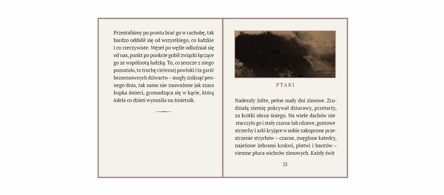 rys. 6. Wewnętrzna strona tytułowa z ilustracją rozciągniętą na kolumnę i tytułem  oraz strona szpicowa