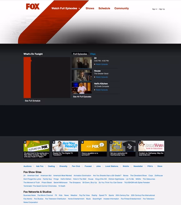 Strona internetowa Fox z 2010 roku