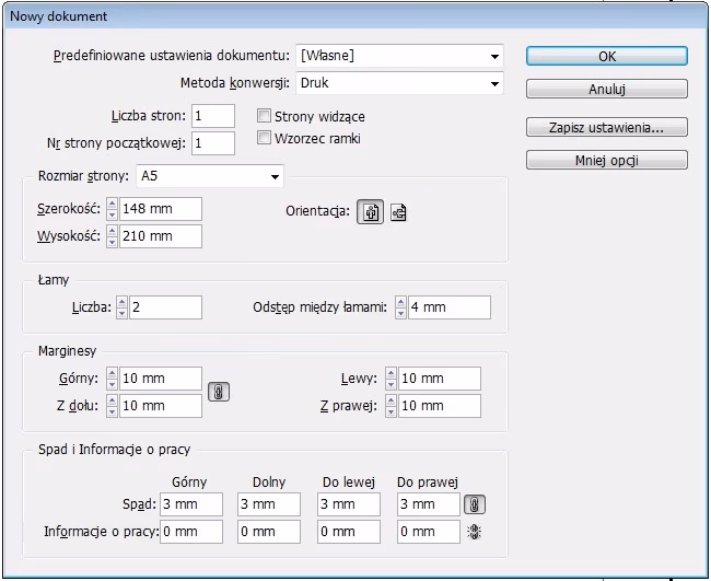 01 Tworzenie nowego dokumentu - Indesign Spady format